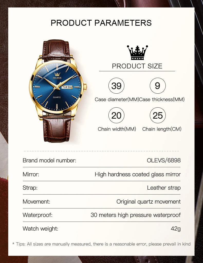 OLVES Top Brand Men's Watches Original Simple Blue Face Quartz Wristwatch for Man Waterproof Leather Strap Business Watch Casual