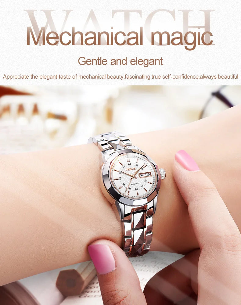 JSDUN 8014 Automatic Mechanical Watch For Women Dual Calendar Tungsten Steel Strap Hand Clock Luxury Elegant Women's Watches