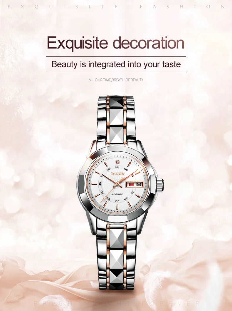 JSDUN 8014 Automatic Mechanical Watch For Women Dual Calendar Tungsten Steel Strap Hand Clock Luxury Elegant Women's Watches