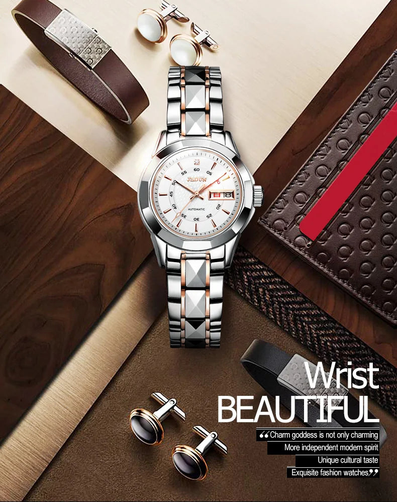 JSDUN 8014 Automatic Mechanical Watch For Women Dual Calendar Tungsten Steel Strap Hand Clock Luxury Elegant Women's Watches