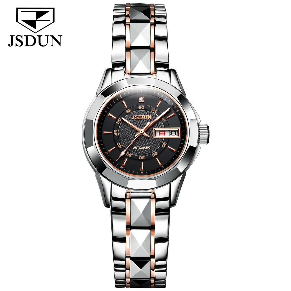 JSDUN 8014 Automatic Mechanical Watch For Women Dual Calendar Tungsten Steel Strap Hand Clock Luxury Elegant Women's Watches