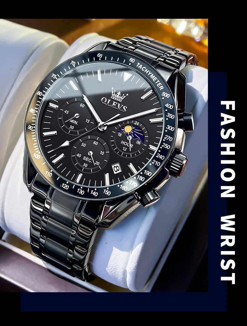 OLEVS Man Watch New Stainless Steel Waterproof Moon Phase Chronograph Classic Quartz Wristwatch Brand Original Men's Watch