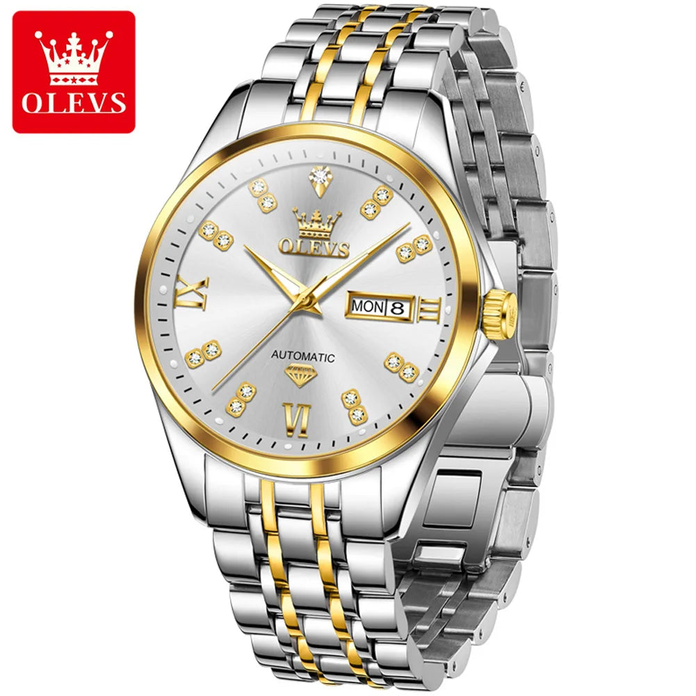 OLEVS 9801 Dual Calendar Luxury Mechanical Watch For Men Diamond Scale Stainless Steel Automatic Hand Clock Waterproof Man Watch