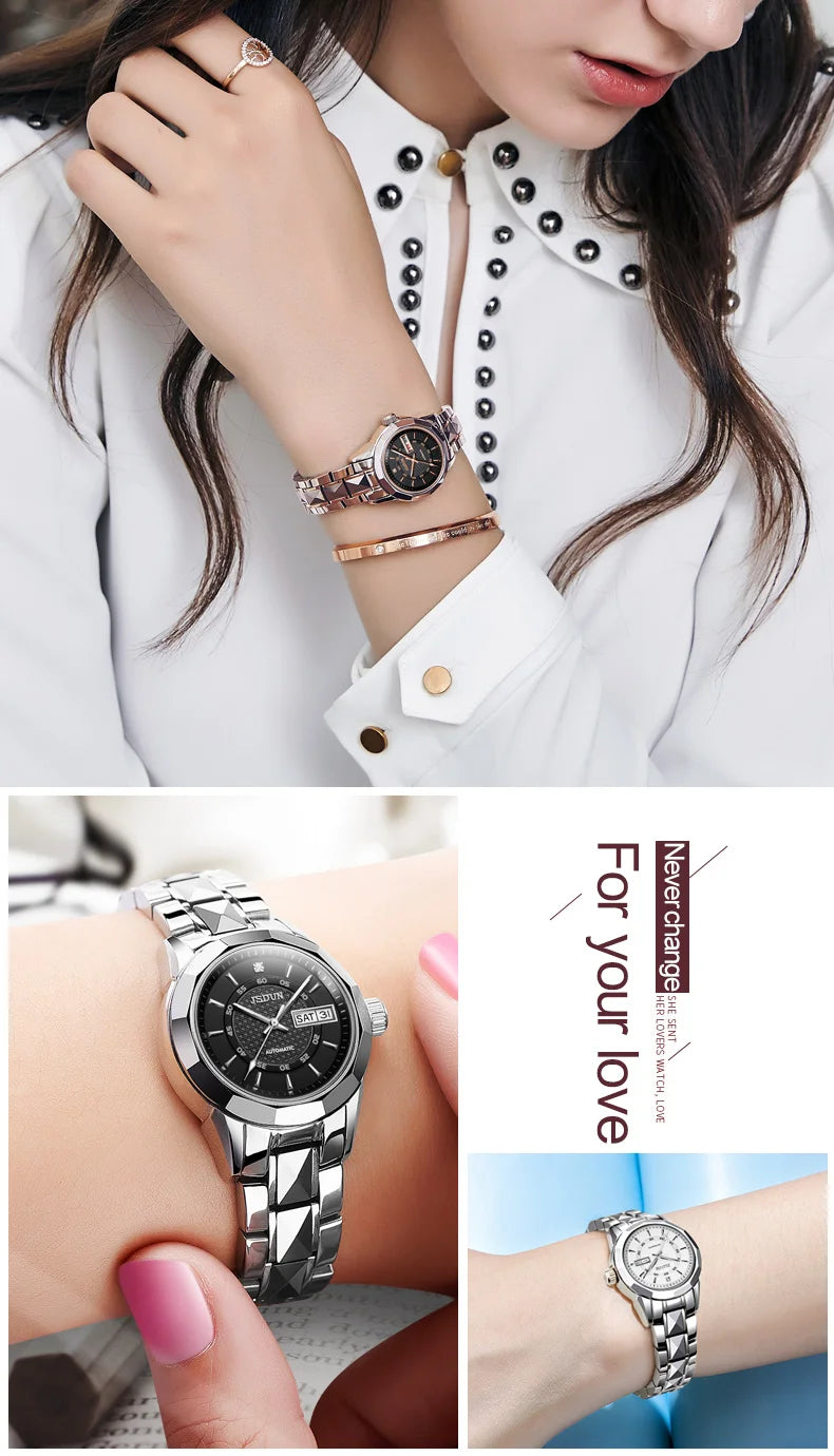 JSDUN 8014 Automatic Mechanical Watch For Women Dual Calendar Tungsten Steel Strap Hand Clock Luxury Elegant Women's Watches