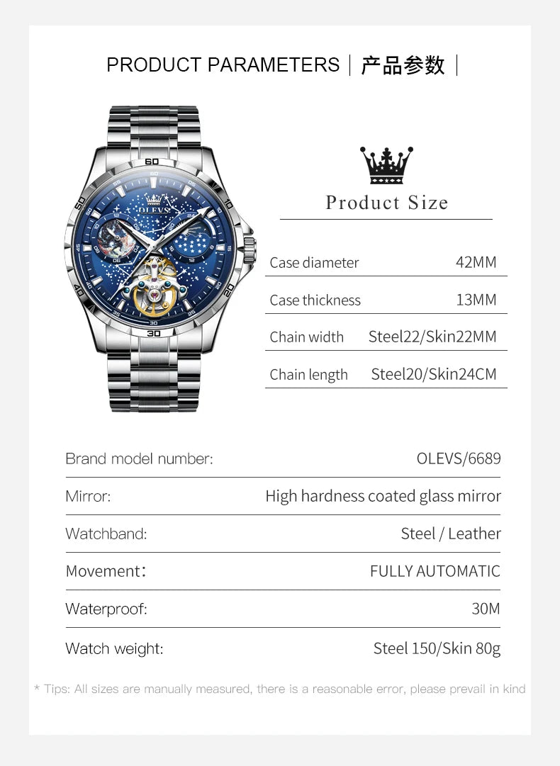 OLEVS Original Brand Men's Watches Waterproof Multifunctional Luminous Fully Automatic Mechanical Watch Moon Phase Starry Disk