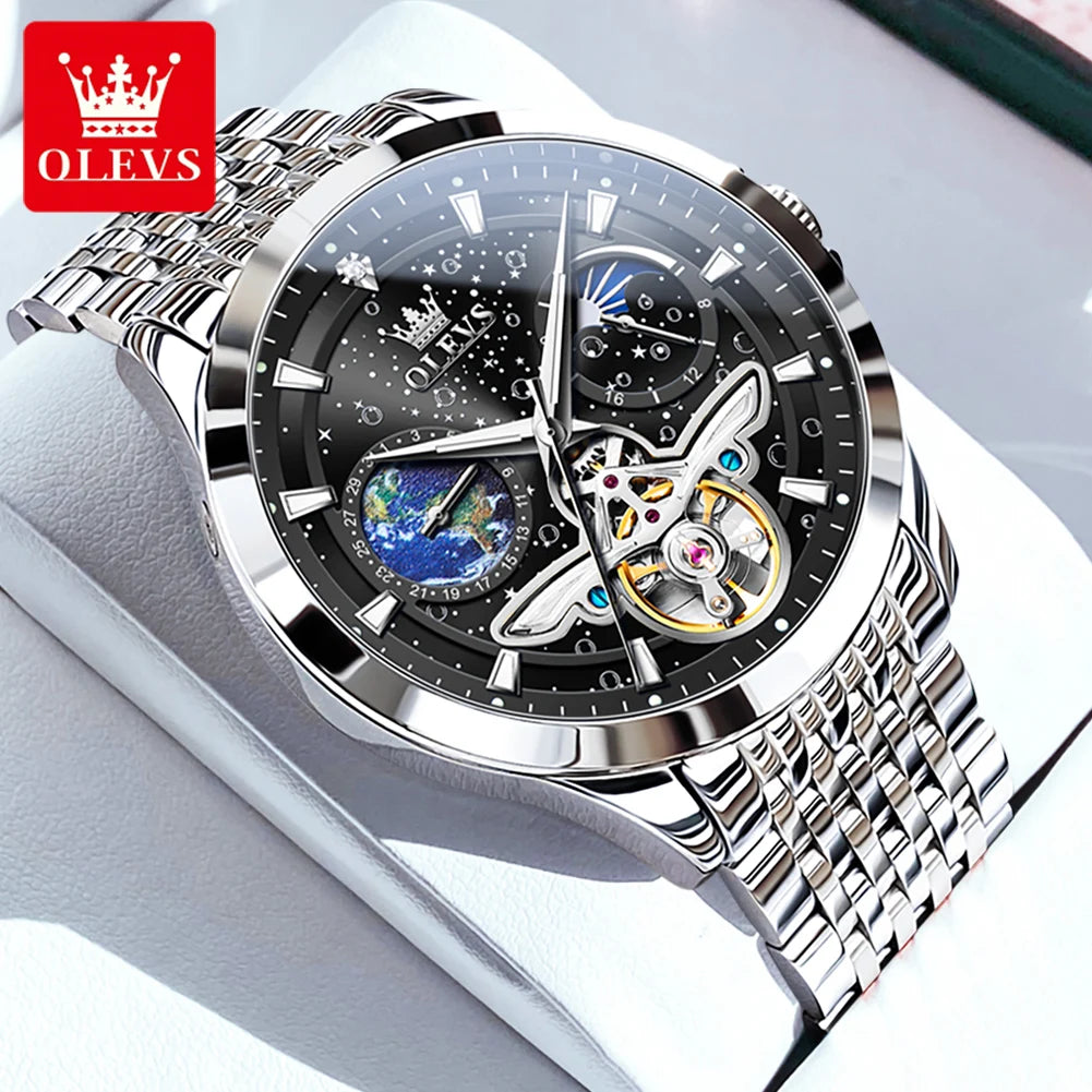 OLEVS Luxury Brand Men's Watches Luminous Waterproof Fully Automatic Mechanical Watch Starry Sky Dial Moon Phase Hollow Out