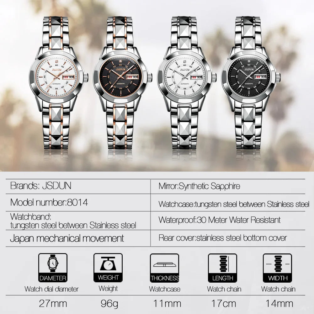 JSDUN 8014 Automatic Mechanical Watch For Women Dual Calendar Tungsten Steel Strap Hand Clock Luxury Elegant Women's Watches