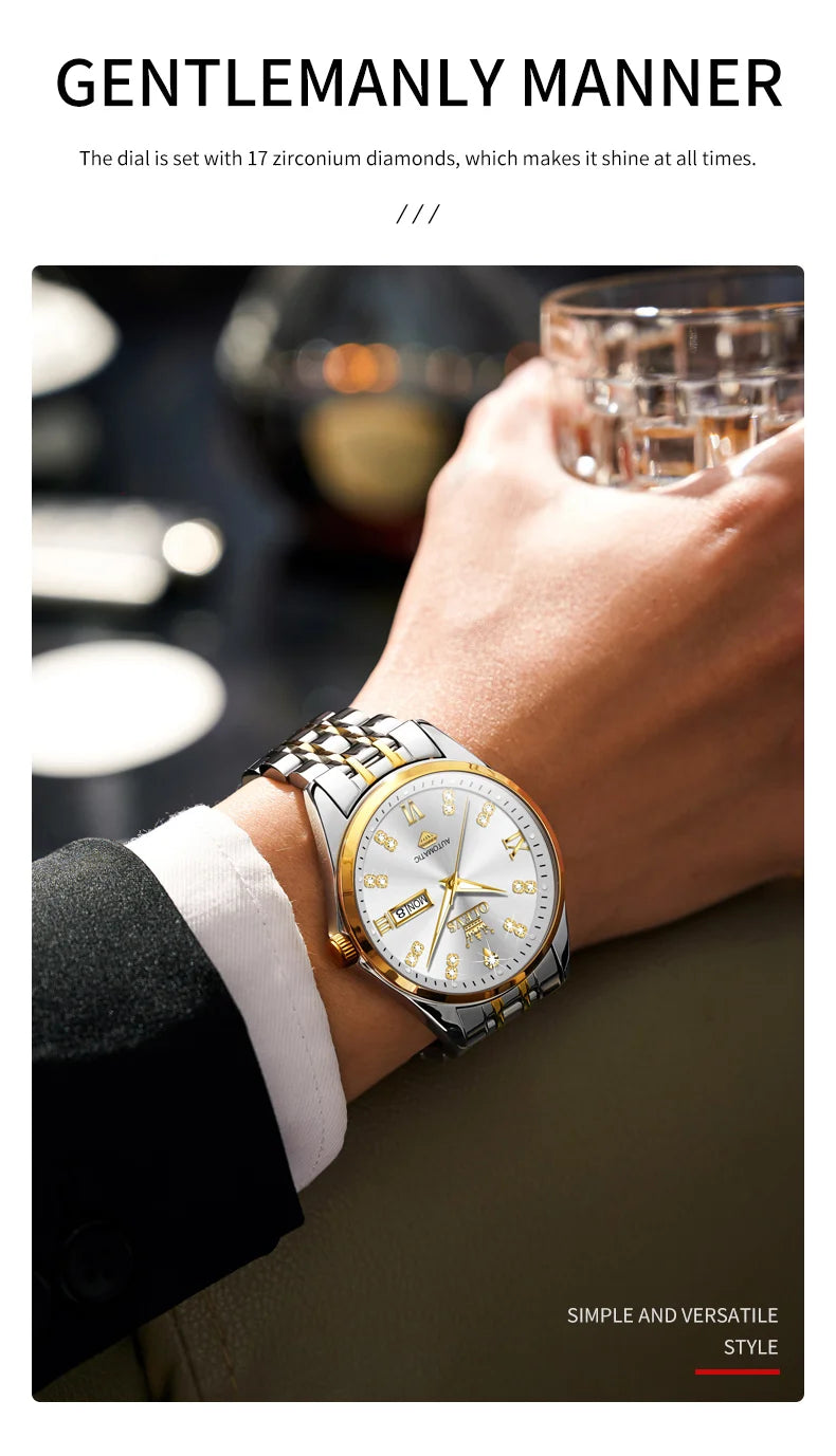 OLEVS 9801 Dual Calendar Luxury Mechanical Watch For Men Diamond Scale Stainless Steel Automatic Hand Clock Waterproof Man Watch