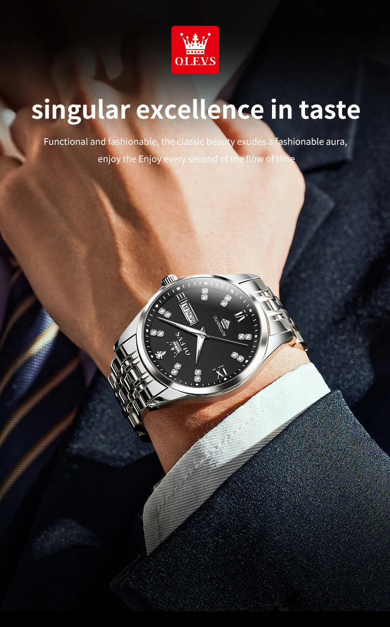 OLEVS 9801 Dual Calendar Luxury Mechanical Watch For Men Diamond Scale Stainless Steel Automatic Hand Clock Waterproof Man Watch