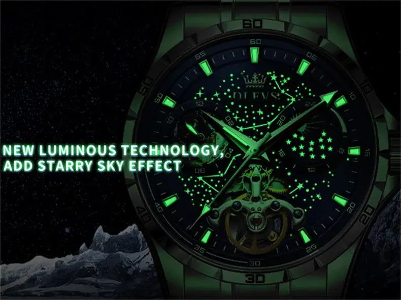OLEVS Original Brand Men's Watches Waterproof Multifunctional Luminous Fully Automatic Mechanical Watch Moon Phase Starry Disk