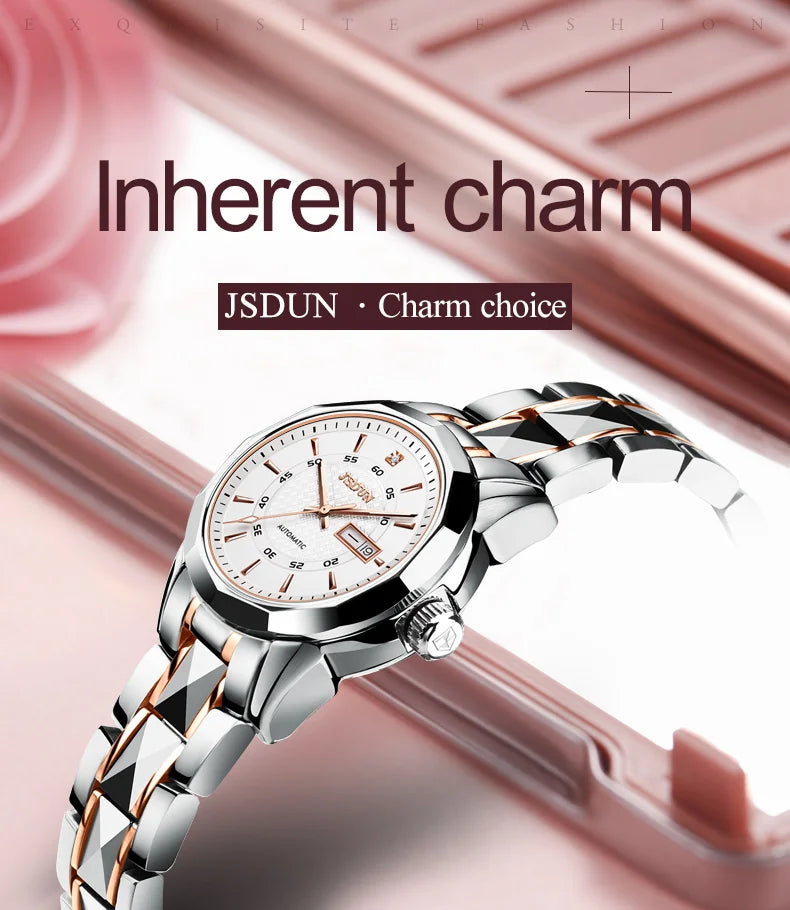JSDUN 8014 Automatic Mechanical Watch For Women Dual Calendar Tungsten Steel Strap Hand Clock Luxury Elegant Women's Watches