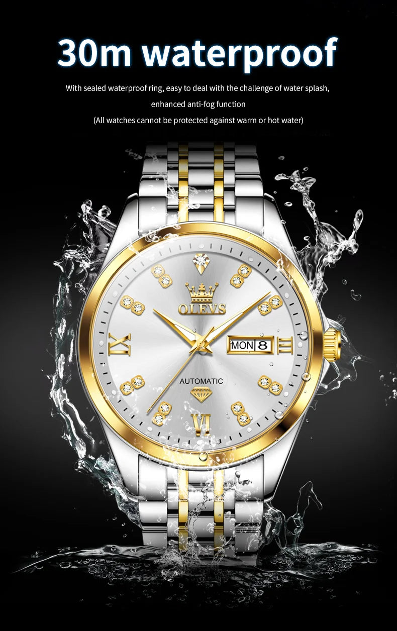 OLEVS 9801 Dual Calendar Luxury Mechanical Watch For Men Diamond Scale Stainless Steel Automatic Hand Clock Waterproof Man Watch