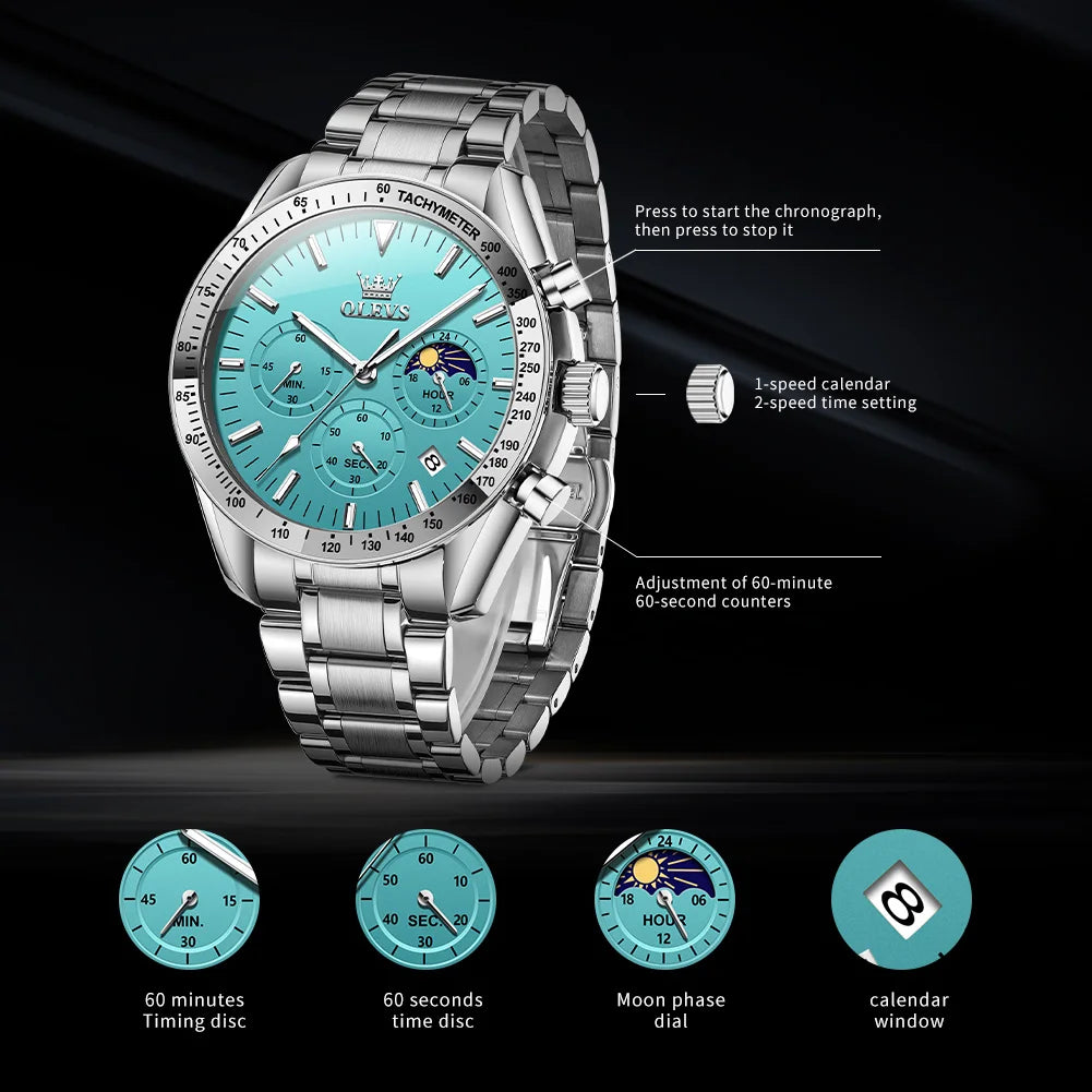 OLEVS Man Watch New Stainless Steel Waterproof Moon Phase Chronograph Classic Quartz Wristwatch Brand Original Men's Watch