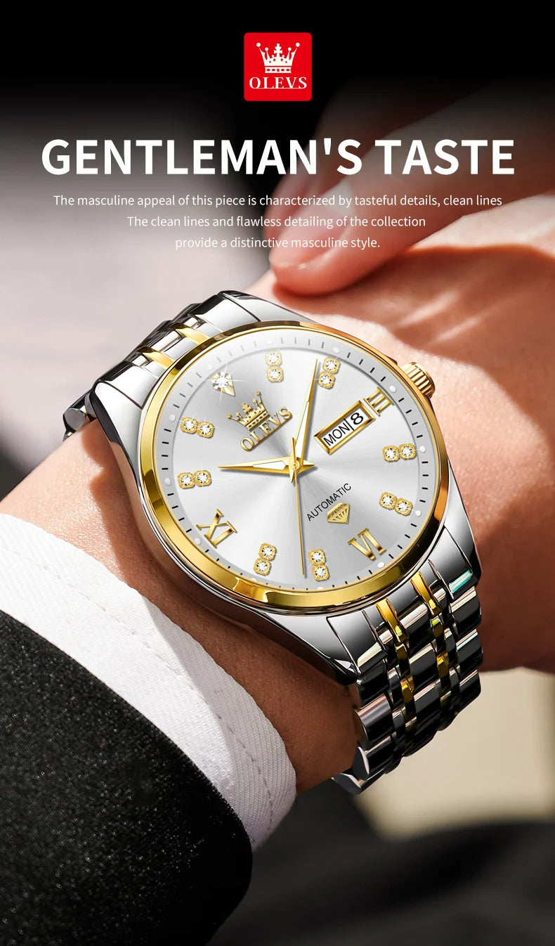 OLEVS 9801 Dual Calendar Luxury Mechanical Watch For Men Diamond Scale Stainless Steel Automatic Hand Clock Waterproof Man Watch