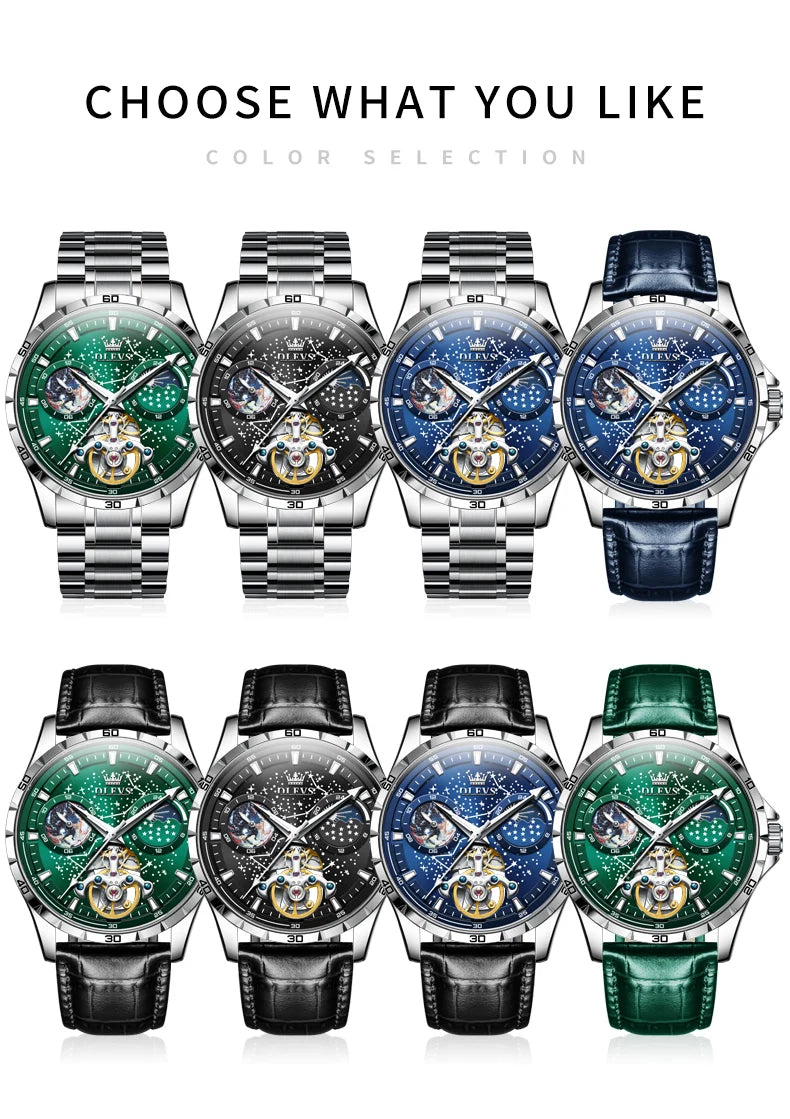 OLEVS Original Brand Men's Watches Waterproof Multifunctional Luminous Fully Automatic Mechanical Watch Moon Phase Starry Disk