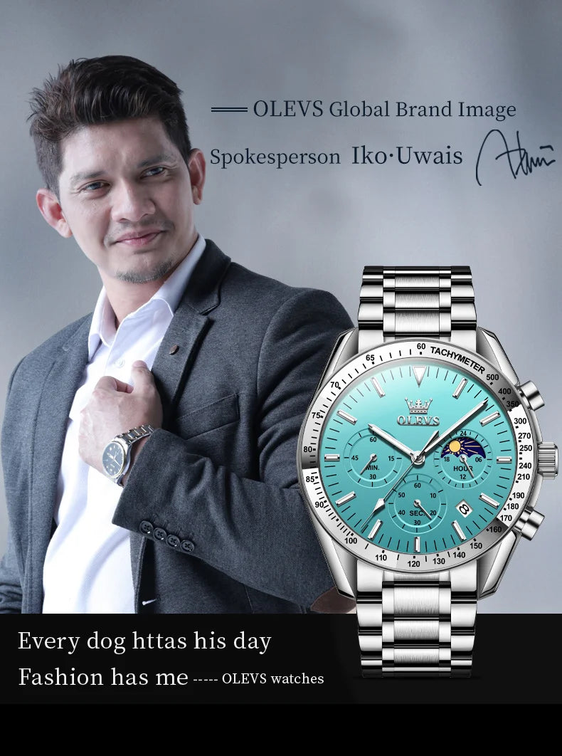 OLEVS Man Watch New Stainless Steel Waterproof Moon Phase Chronograph Classic Quartz Wristwatch Brand Original Men's Watch