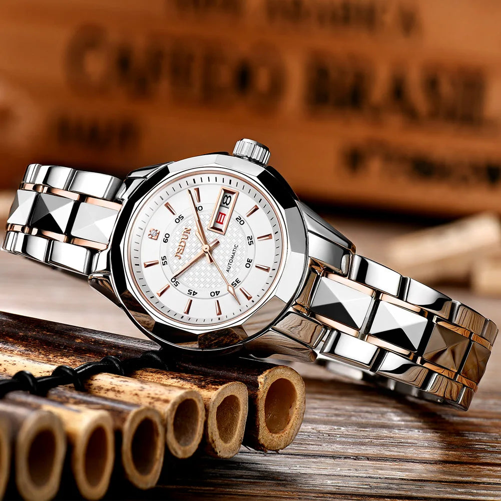 JSDUN 8014 Automatic Mechanical Watch For Women Dual Calendar Tungsten Steel Strap Hand Clock Luxury Elegant Women's Watches