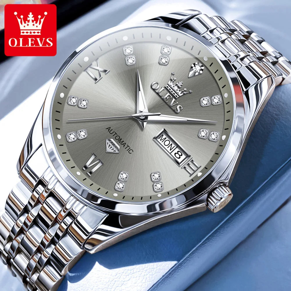OLEVS 9801 Dual Calendar Luxury Mechanical Watch For Men Diamond Scale Stainless Steel Automatic Hand Clock Waterproof Man Watch