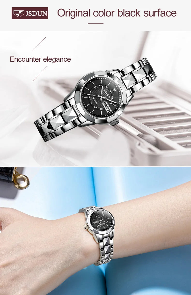 JSDUN 8014 Automatic Mechanical Watch For Women Dual Calendar Tungsten Steel Strap Hand Clock Luxury Elegant Women's Watches