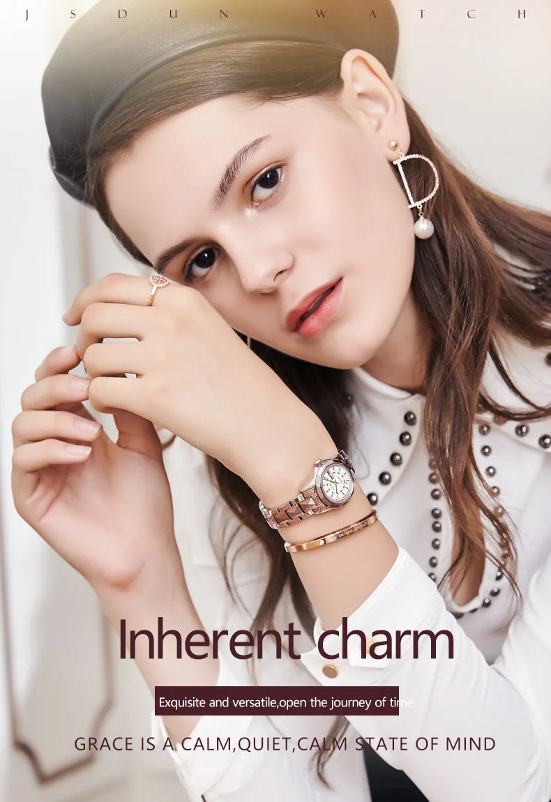 JSDUN 8014 Automatic Mechanical Watch For Women Dual Calendar Tungsten Steel Strap Hand Clock Luxury Elegant Women's Watches
