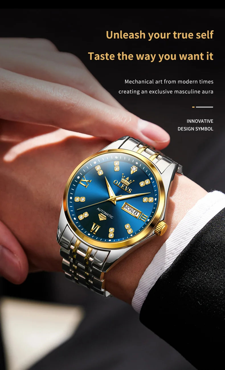OLEVS 9801 Dual Calendar Luxury Mechanical Watch For Men Diamond Scale Stainless Steel Automatic Hand Clock Waterproof Man Watch