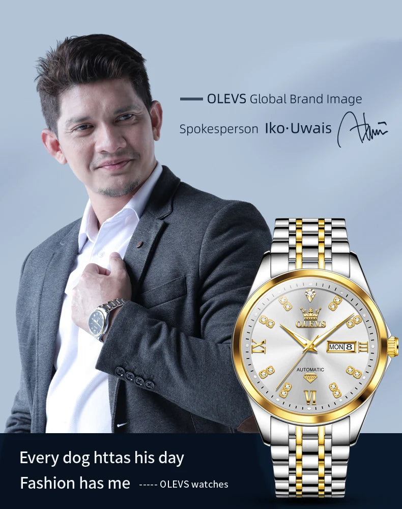 OLEVS 9801 Dual Calendar Luxury Mechanical Watch For Men Diamond Scale Stainless Steel Automatic Hand Clock Waterproof Man Watch