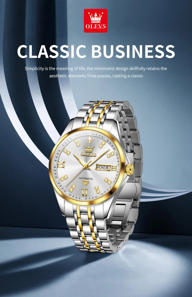 OLEVS 9801 Dual Calendar Luxury Mechanical Watch For Men Diamond Scale Stainless Steel Automatic Hand Clock Waterproof Man Watch
