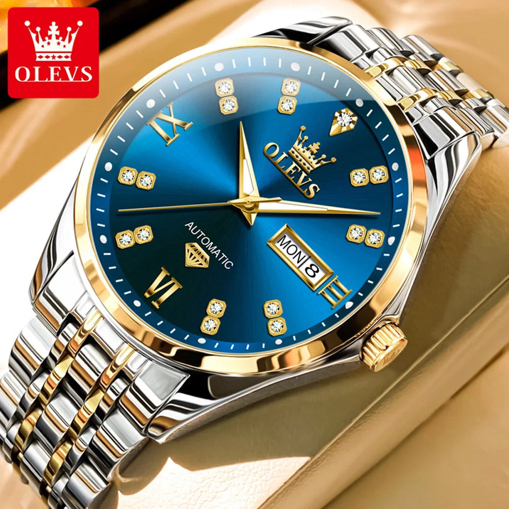 OLEVS 9801 Dual Calendar Luxury Mechanical Watch For Men Diamond Scale Stainless Steel Automatic Hand Clock Waterproof Man Watch