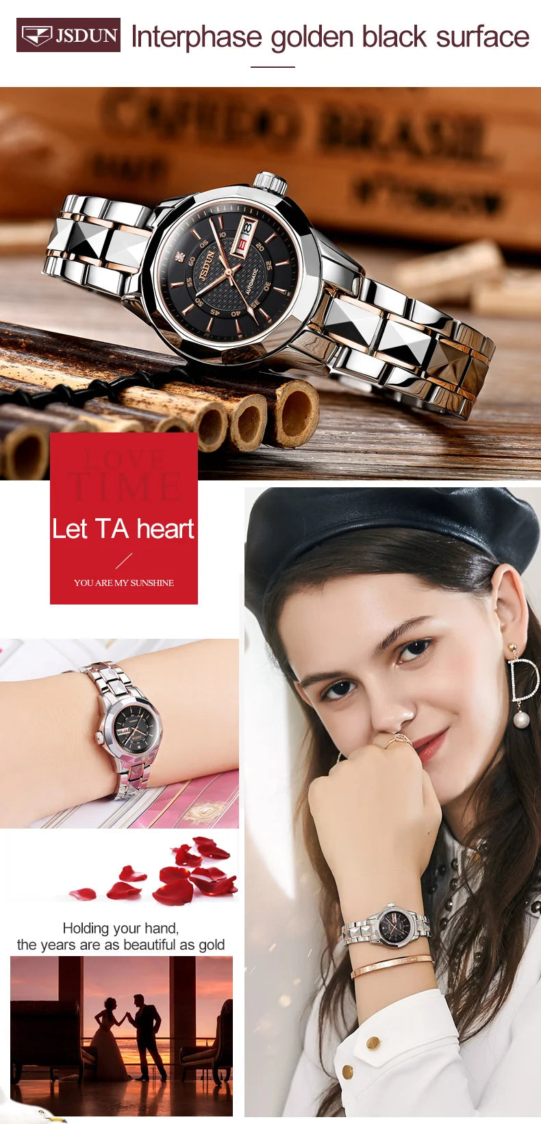 JSDUN 8014 Automatic Mechanical Watch For Women Dual Calendar Tungsten Steel Strap Hand Clock Luxury Elegant Women's Watches