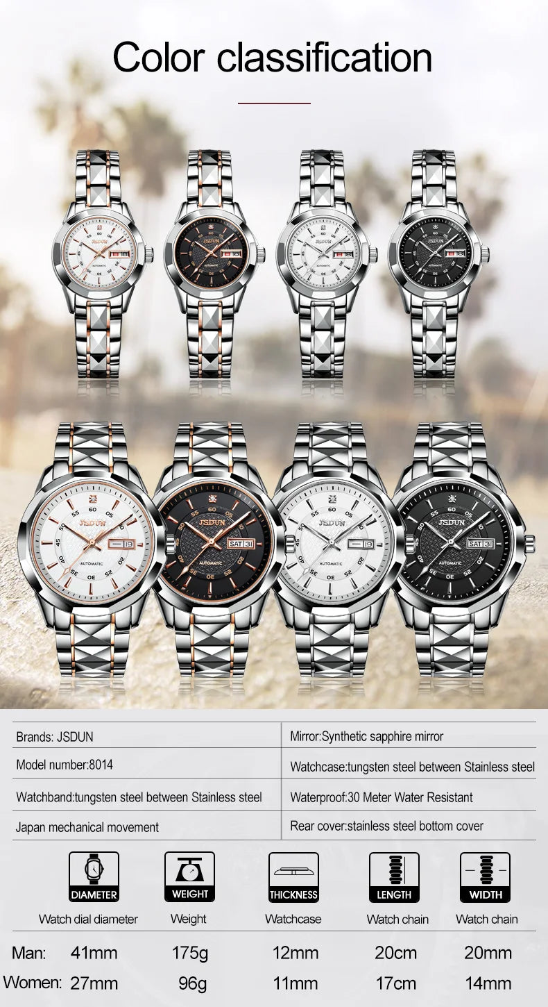 JSDUN 8014 Automatic Mechanical Watch For Women Dual Calendar Tungsten Steel Strap Hand Clock Luxury Elegant Women's Watches