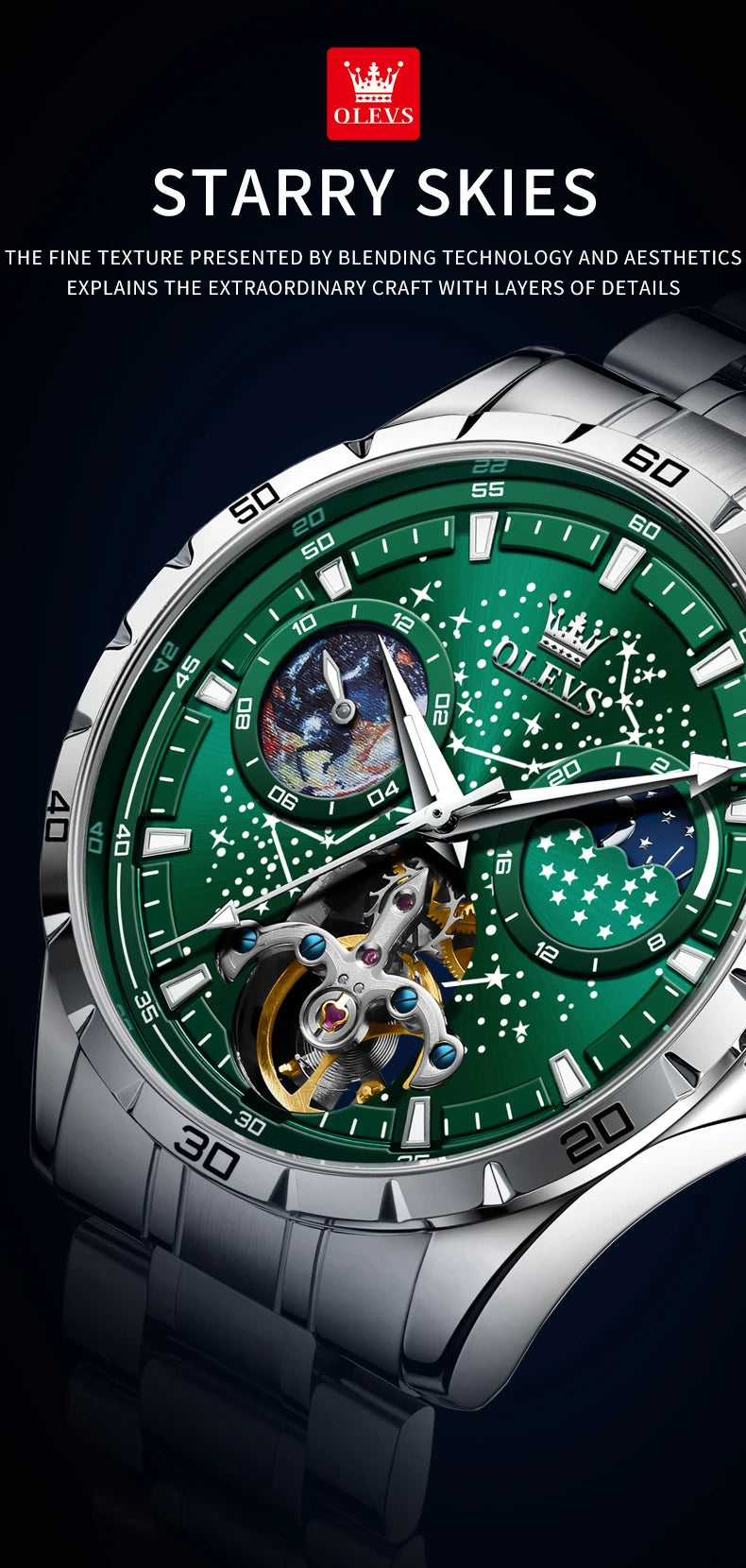 OLEVS Original Brand Men's Watches Waterproof Multifunctional Luminous Fully Automatic Mechanical Watch Moon Phase Starry Disk