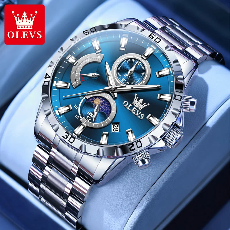 OLEVS 2953 Exclusive Design Men's Watches Full Stainless steel Moon Phase Waterproof Chronograph Quartz Watch for Men Genuine
