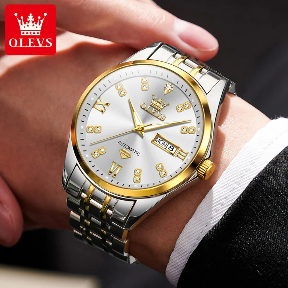 OLEVS 9801 Dual Calendar Luxury Mechanical Watch For Men Diamond Scale Stainless Steel Automatic Hand Clock Waterproof Man Watch