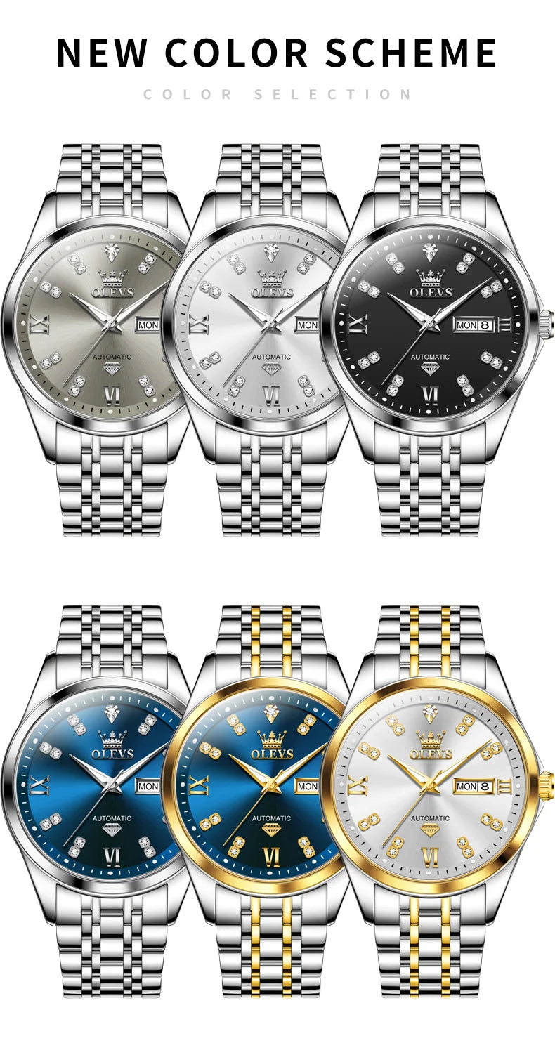OLEVS 9801 Dual Calendar Luxury Mechanical Watch For Men Diamond Scale Stainless Steel Automatic Hand Clock Waterproof Man Watch