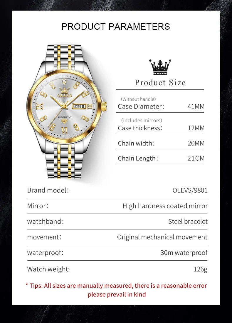 OLEVS 9801 Dual Calendar Luxury Mechanical Watch For Men Diamond Scale Stainless Steel Automatic Hand Clock Waterproof Man Watch