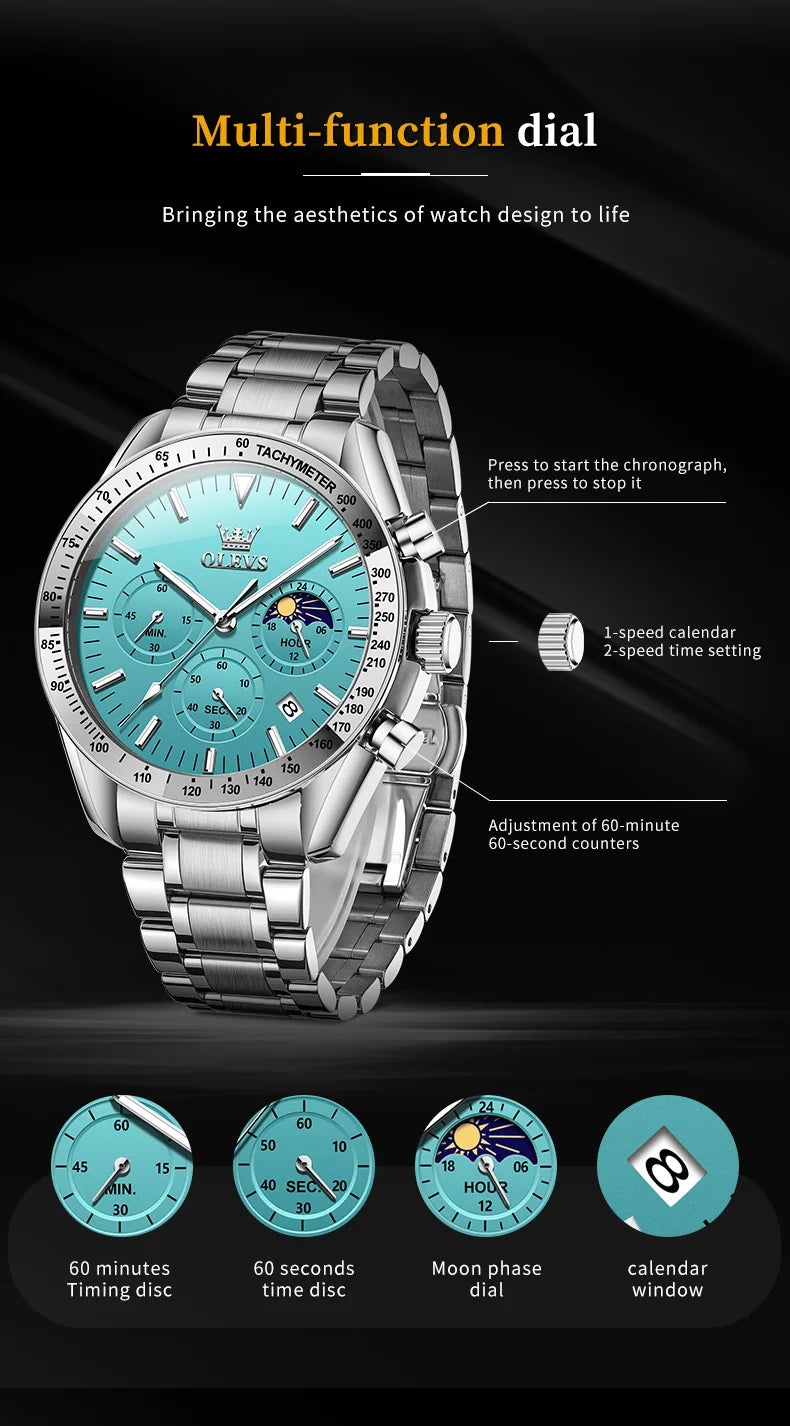OLEVS Man Watch New Stainless Steel Waterproof Moon Phase Chronograph Classic Quartz Wristwatch Brand Original Men's Watch