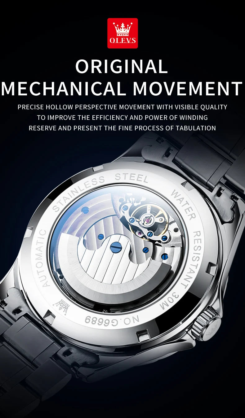 OLEVS Original Brand Men's Watches Waterproof Multifunctional Luminous Fully Automatic Mechanical Watch Moon Phase Starry Disk