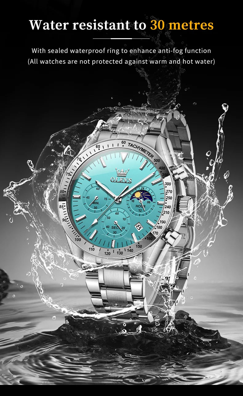 OLEVS Man Watch New Stainless Steel Waterproof Moon Phase Chronograph Classic Quartz Wristwatch Brand Original Men's Watch