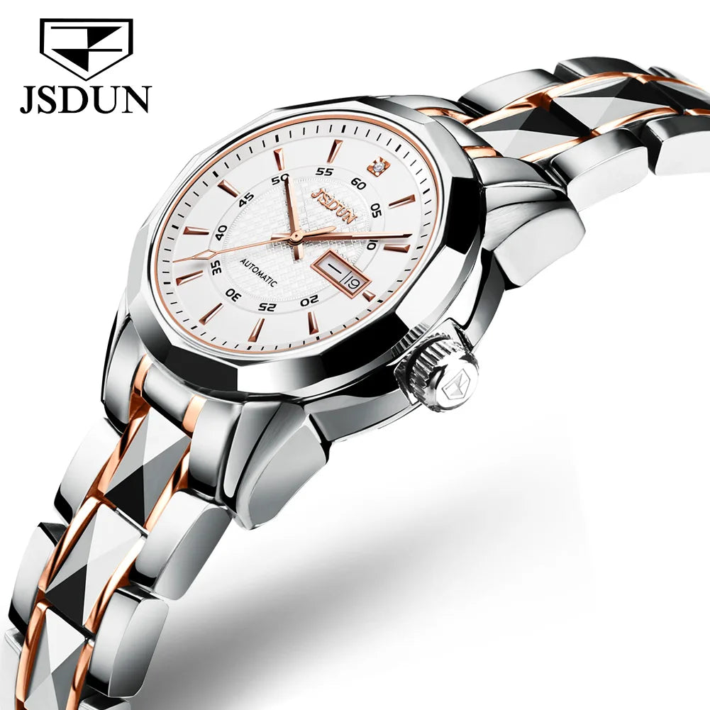 JSDUN 8014 Automatic Mechanical Watch For Women Dual Calendar Tungsten Steel Strap Hand Clock Luxury Elegant Women's Watches