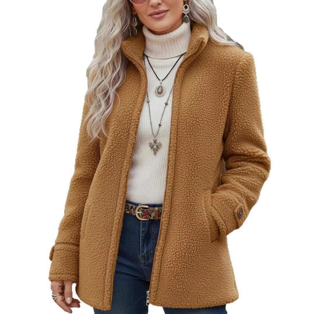 Womens Stand-Up Collar Solid-Color Loose Casual Long-Sleeve Fleece Zip-Up Jacket