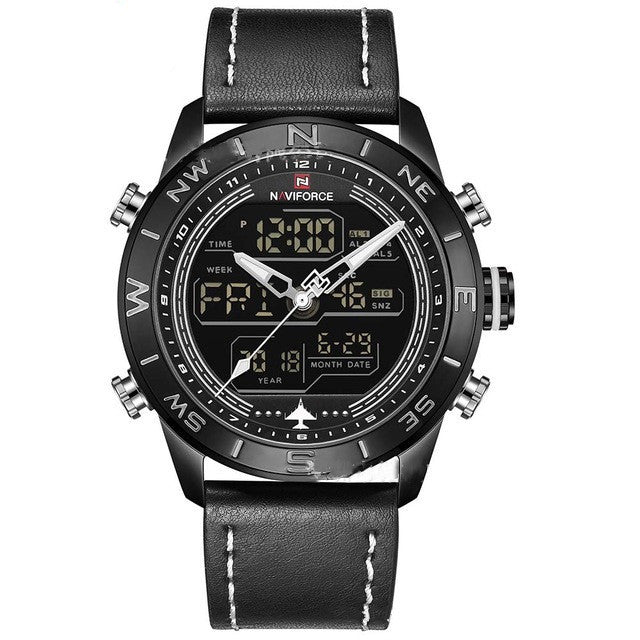 NAVIFORCE 9144 Fashion Gold Men Sport Watches Men's LED Analog Digital Watch Army Military Leather Quartz Watch Relogio Masculino