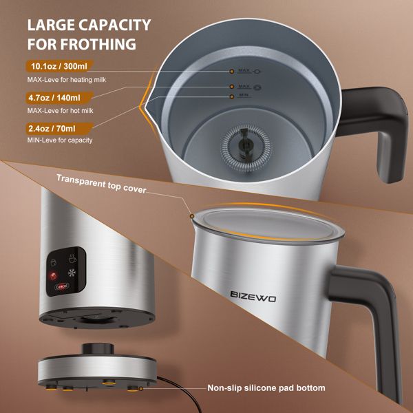 Electric Warmer with Touch Screen, BIZEWO 4 IN 1 Automatic Stainless Steel Steamer for Coffee , Latte, Hot Chocolates