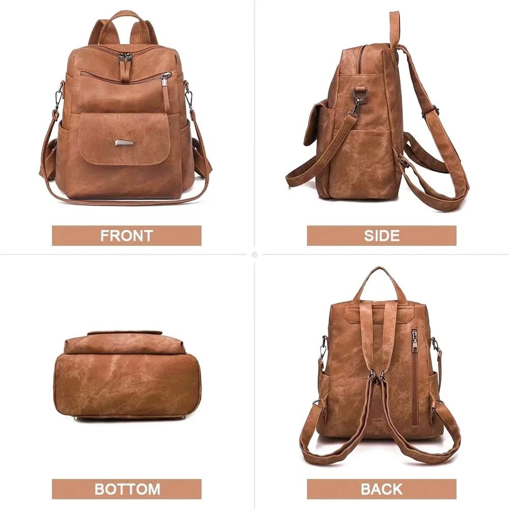 Backpack Purse for Women's, Waterproof PU Leather Backpacks Handbags, Ladies Casual Shoulder Bags Brown