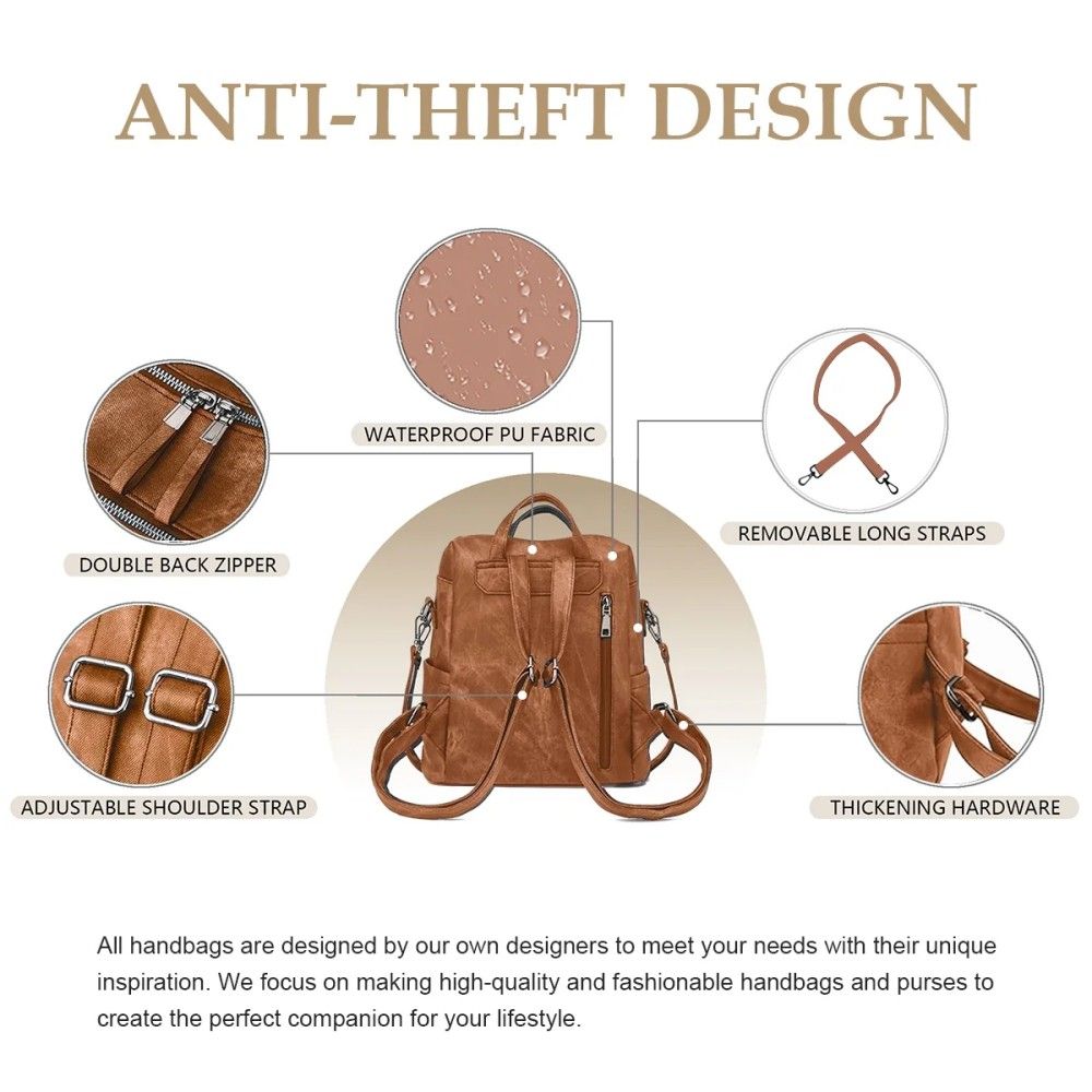 Backpack Purse for Women's, Waterproof PU Leather Backpacks Handbags, Ladies Casual Shoulder Bags Brown