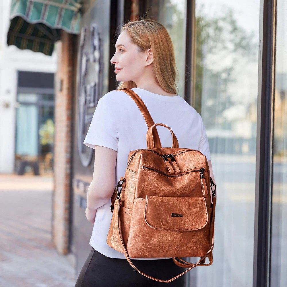 Backpack Purse for Women's, Waterproof PU Leather Backpacks Handbags, Ladies Casual Shoulder Bags Brown