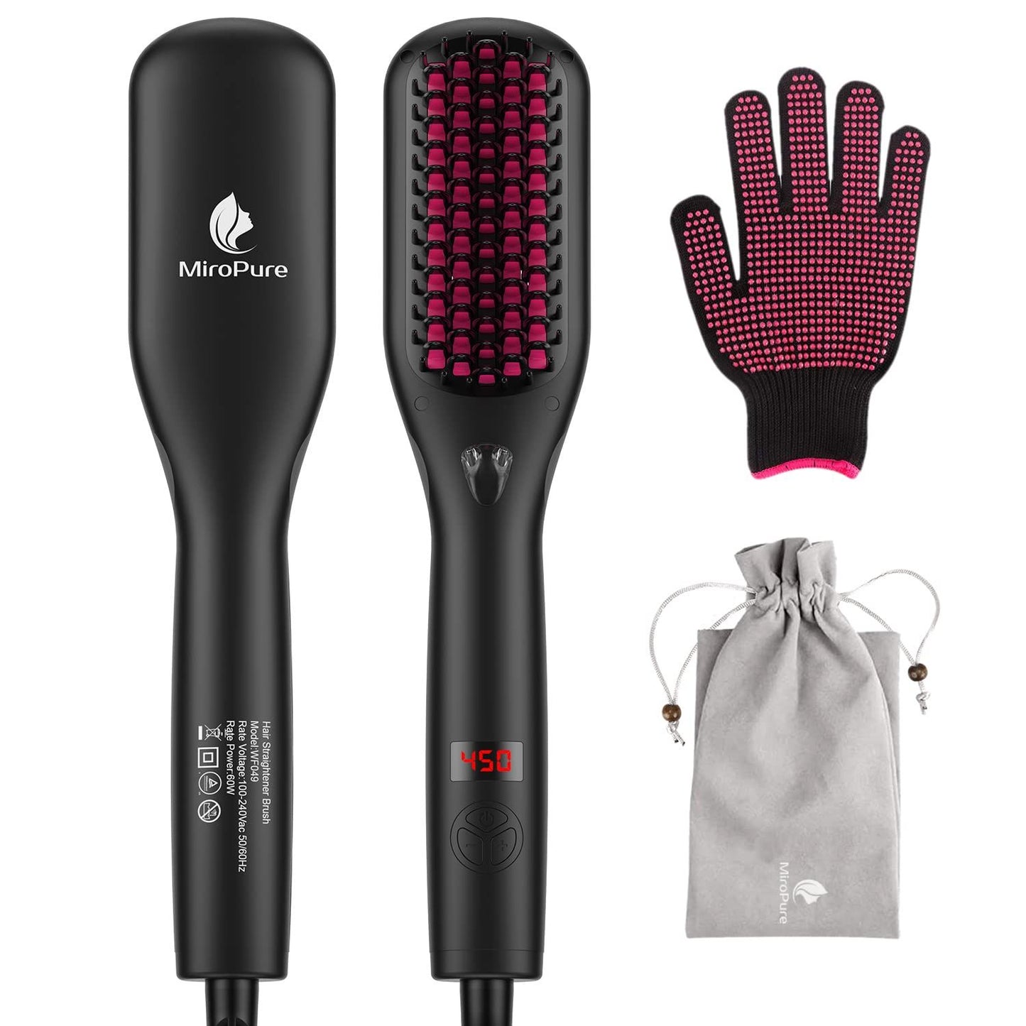 Hair Straightener Brush with Ionic Generator by MiroPure, 30s Fast MCH Ceramic Even Heating, 11 Temperature Control, Professional for Straightening