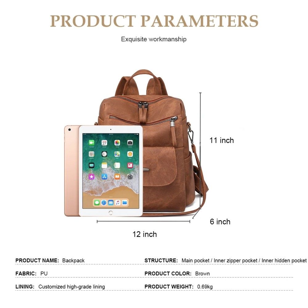 Backpack Purse for Women's, Waterproof PU Leather Backpacks Handbags, Ladies Casual Shoulder Bags Brown