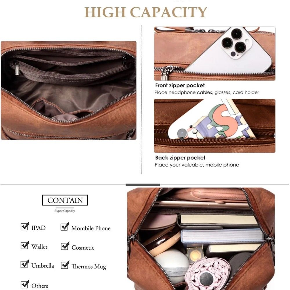 Backpack Purse for Women's, Waterproof PU Leather Backpacks Handbags, Ladies Casual Shoulder Bags Brown