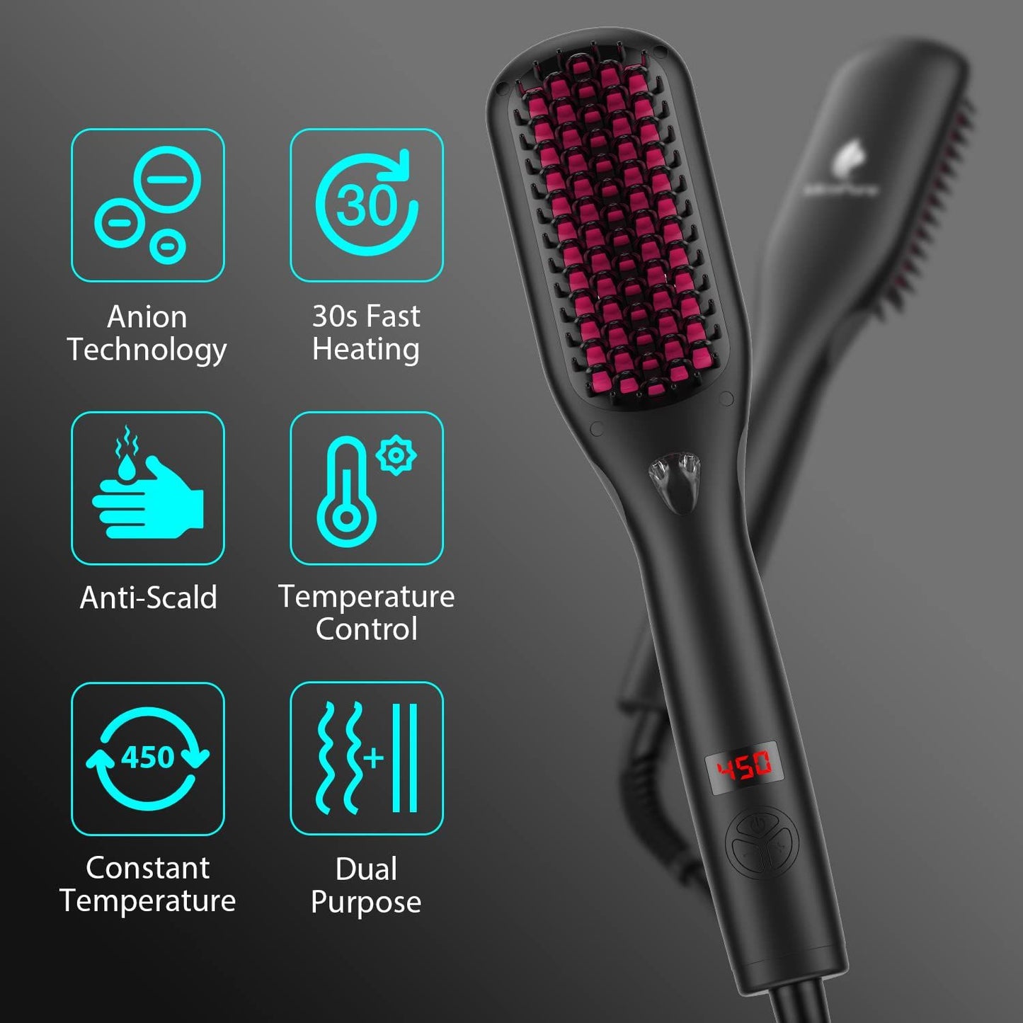 Hair Straightener Brush with Ionic Generator by MiroPure, 30s Fast MCH Ceramic Even Heating, 11 Temperature Control, Professional for Straightening
